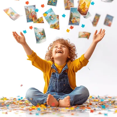 Enfant souriant avec des cartes imaginaires, pour illustrer l’hypnose et l’imagination